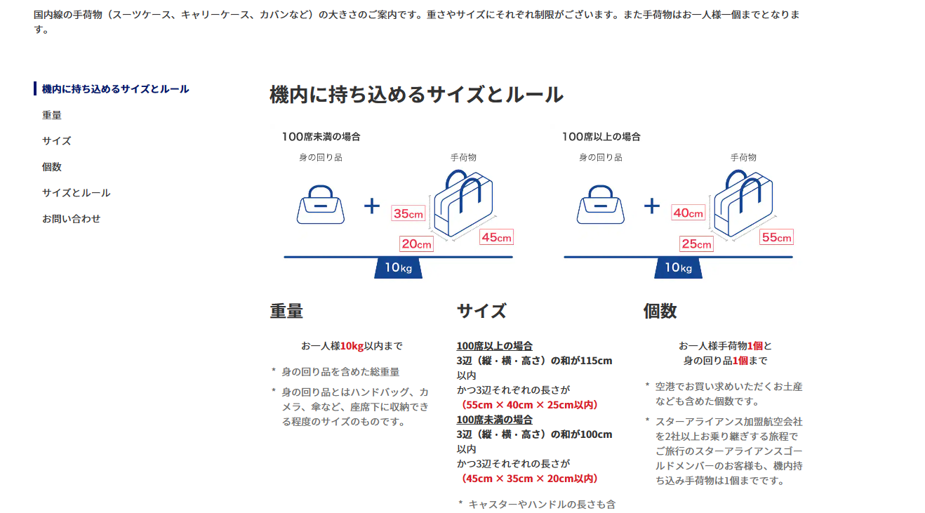 ＡＮＡの機内に持ち込めるサイズの解説