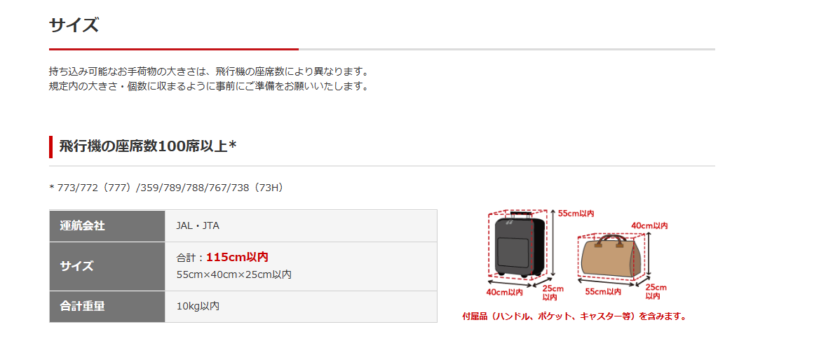 ＪＡＬの機内持ち込みできるサイズ